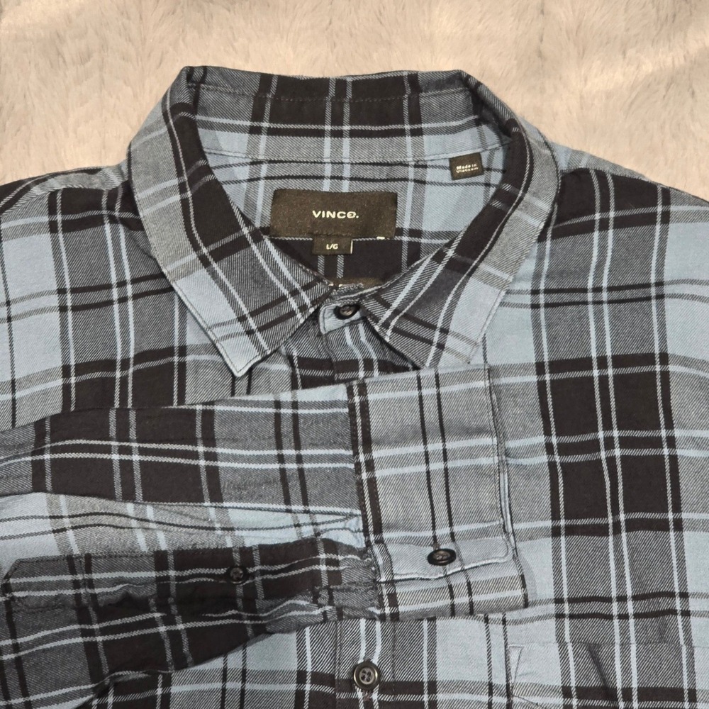 Vince Mens Classic Fit Plaid Button Down Shirt Blue Black Cotton Rayon Large L/G